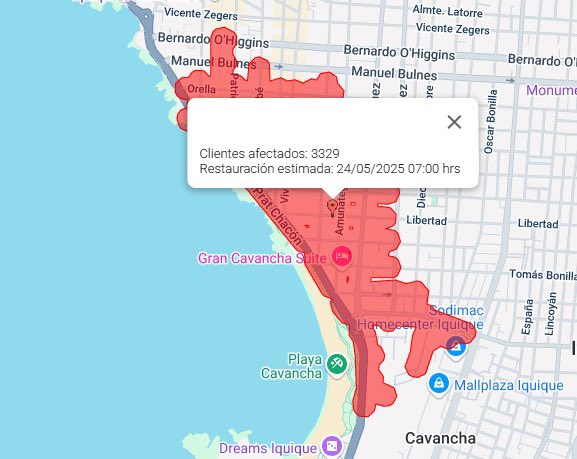HombredeRadio's tweet photo. #IQUIQUE ⚡️
Corte del suministro eléctrico en Cavancha, con cerca de 15 mil personas afectadas. Empresa CGE informa que la reposición podría ser cerca de las 7:00 am de este sábado… https://t.co/MJaGdTO5sr
