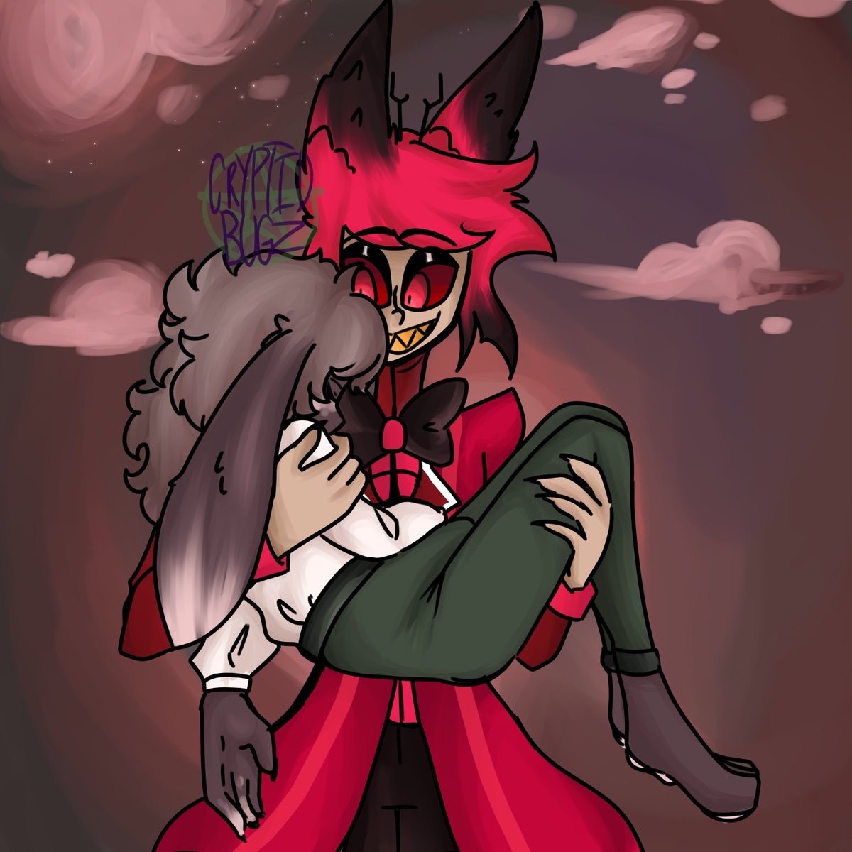 cryptidbugz's tweet photo. @Psychozmiz This is Rue, they're Alastor's younger sibling! They were sent to Hell for supporting and caring for Alastor, even after they found out about him being a murderer! Funnily enough, they end up falling for Lucifer, and he refers to them as his 'emotional support bunny'. :3 https://t.co/3ZMBRHvBnO