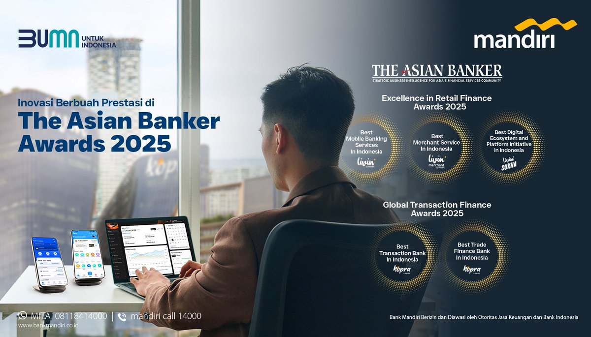 Bank Mandiri kembali menorehkan prestasi internasional dengan menyabet lima penghargaan bergengsi pada ajang The Asian Banker Awards 2025 🏆✨

Adapun, prestasi ini adalah wujud pengakuan internasional atas kinerja unggul serta inovasi berkelanjutan Bank Mandiri pada sektor
