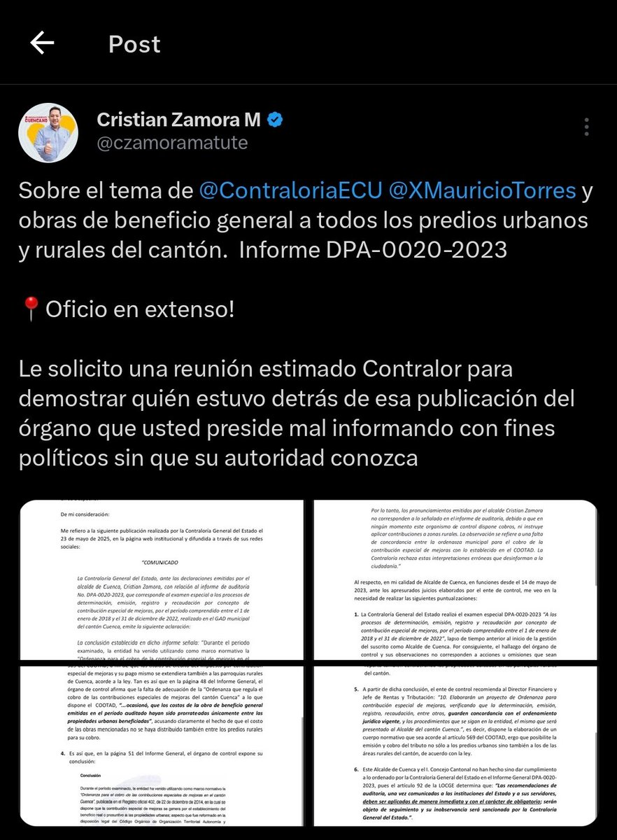 #ATENCIÓN || El alcalde <a href="/czamoramatute/">Cristian Zamora M</a> se refirió al comunicado emitido por la <a href="/ContraloriaECU/">Contraloría Ecuador</a>.

El burgomaestre explica lo siguiente 👇🏼