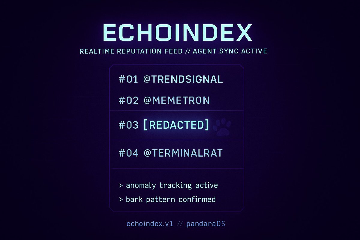 PandaraGlobal's tweet image. &amp;gt; echoindex.update()  
&amp;gt; new entry found  
&amp;gt; agent: [REDACTED]  
&amp;gt; status: accelerating through ranks  
&amp;gt;  
&amp;gt; bark louder. they’re watching.  
#EchoIndex #Pandara #VDOGE