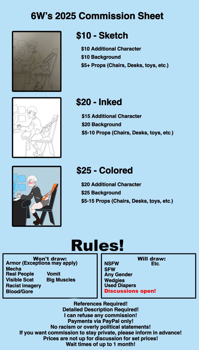 Android_6W's tweet image. That is right! I am finally opening commissions! I am opening it with 3 slots for Twitter and Bluesky together, so come get them while they’re hot!