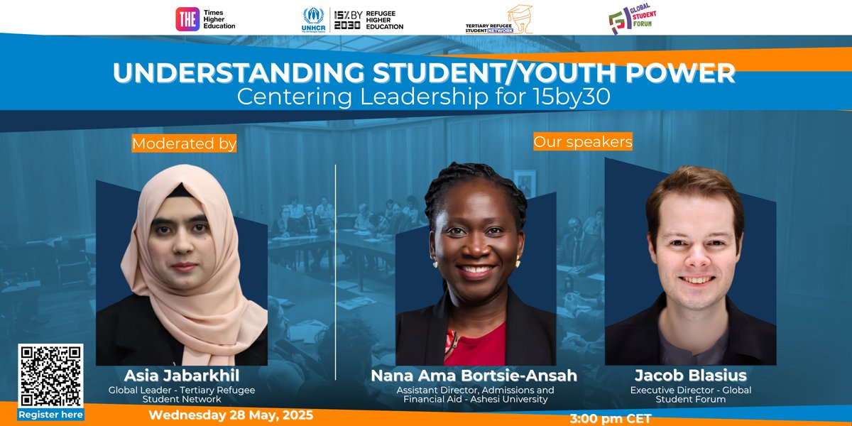 TRSN_NETWORK's tweet image. 📢 Youth. Power. Change.
Join us May 28, 3PM CET for “Understanding Student/Youth Power”, a webinar on refugee youth leadership in higher ed, organized with @GlobalStuForum 
🎥 Live on YouTube
✅ Register: us06web.zoom.us/meeting/regist…
#15by30 #TRSN #RefugeeVoices #15by30conference