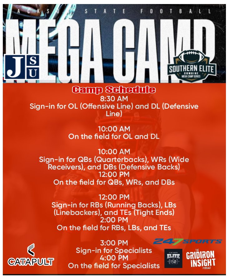 Here is the check-in schedule for the Sunday, June 1, Jackson State/Southern Elite MegaCamp. Competitors remember to wear navy or black shorts and bring football shoes. QBs bring a football. College coaches bring eyeballs. It's not to late to register...
CLICK HERE TO REGISTER: