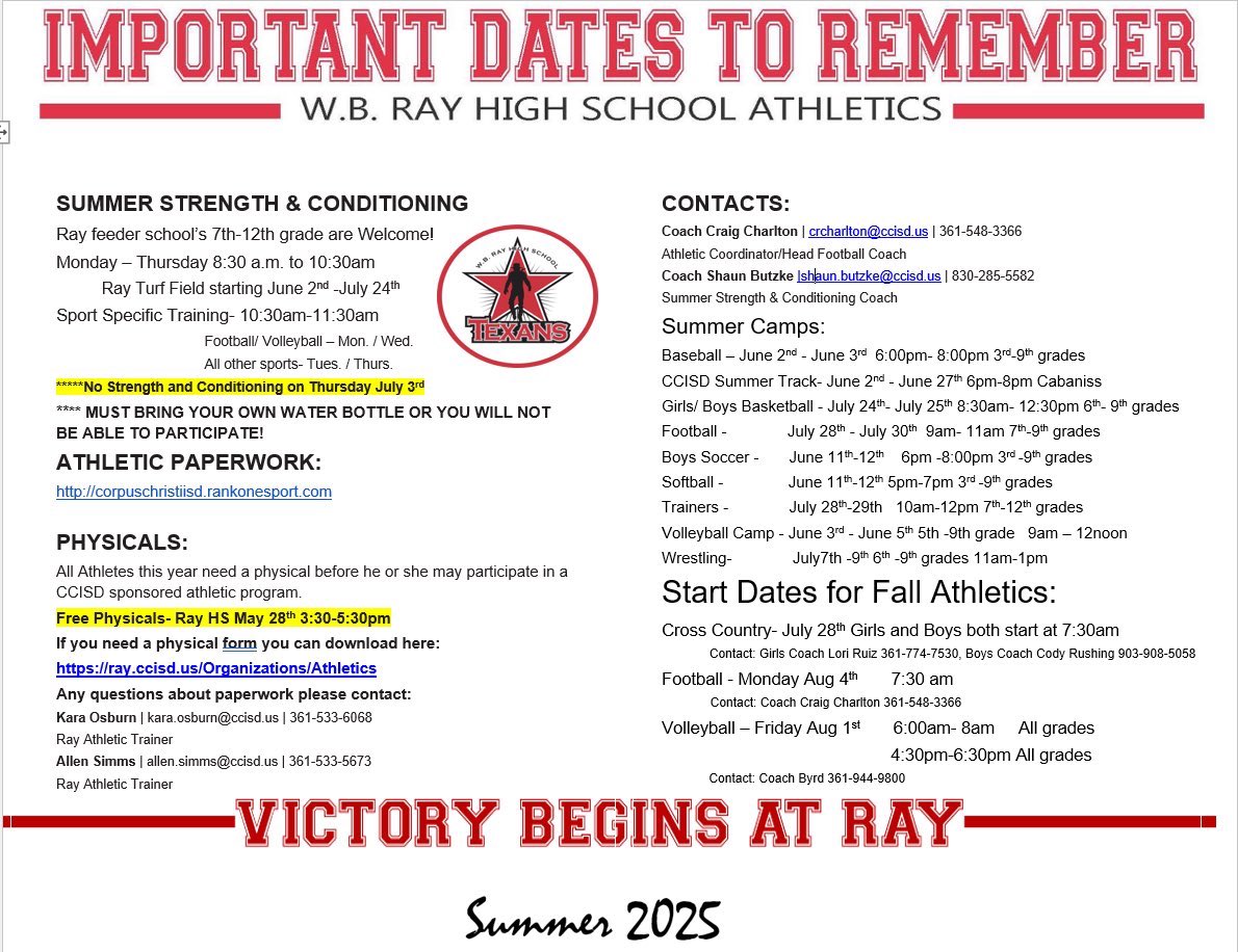Coach Craig Charlton (@wbrayfootball) on Twitter photo It’s time for summer but just let us make a difference! GoRayGo! <a href="/BroncAthletics/">Baker MS Athletics</a> <a href="/HamlinMiddle/">Hamlin Middle School</a> <a href="/CCISD/">CCISD</a> <a href="/r0hernandez/">Dr. Roland Hernandez</a> <a href="/wbrayhs/">W.B. Ray High School</a> It’s time for summer but just let us make a difference! GoRayGo! <a href="/BroncAthletics/">Baker MS Athletics</a> <a href="/HamlinMiddle/">Hamlin Middle School</a> <a href="/CCISD/">CCISD</a> <a href="/r0hernandez/">Dr. Roland Hernandez</a> <a href="/wbrayhs/">W.B. Ray High School</a>