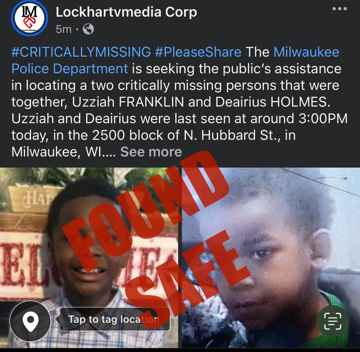 LockharTVMedia's tweet image. #UPDATE: Both Uzziah and Deairius were located safe. Thank you for your assistance. 🙏🏾🙏🏾🙏🏾

#CRITICALLYMISSING #PleaseShare The Milwaukee Police Department is seeking the public’s assistance in locating a two critically missing persons that were together, Uzziah FRANKLIN and