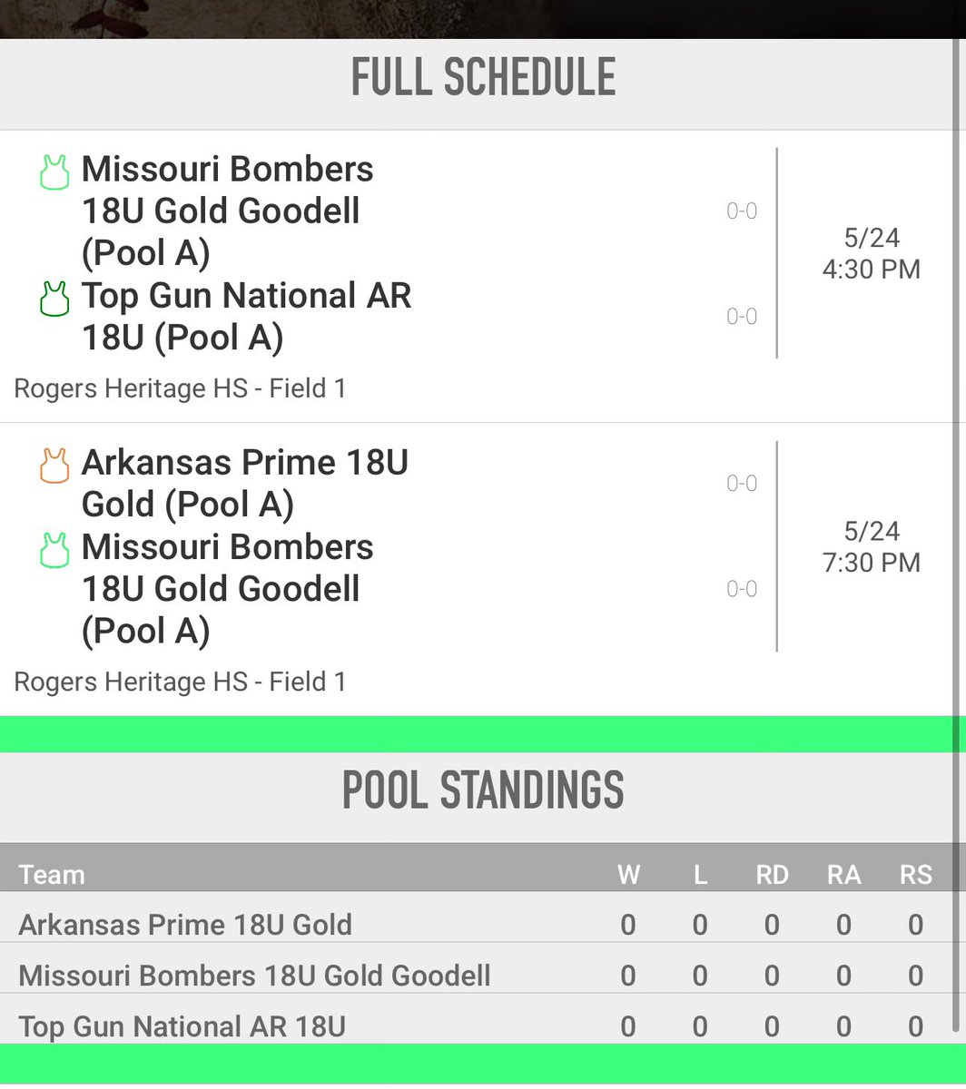 Update on this weekend’s tournament! So excited to get back on the field! <a href="/mobombers/">Missouri Bombers 18u Gold-Goodell</a> <a href="/MoStateSoftball/">Missouri State Softball</a> <a href="/Gorilla_SFB/">Pitt State Softball 🥎</a> <a href="/MizzouSoftball/">Mizzou Softball</a> <a href="/UWFSoftball/">UWF Softball</a> <a href="/UTampaSoftball/">Tampa Softball</a> <a href="/kcroossb/">Kansas City Softball</a> <a href="/UCOSoftball/">UCOSoftball</a> <a href="/MSSUSoftball/">MSSU Softball</a>