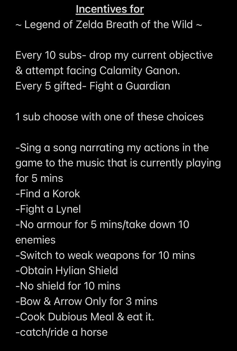Next month’s stream schedule is~ 

NINTENDO SWITCH 2UNE!

Decided to do an Incentive Event all June.
I want to do one for MarioKart World as well, I just don’t have any idea yet.

Here’s what I have come up with for when I’m playing Legend of Zelda Breath of the Wild.