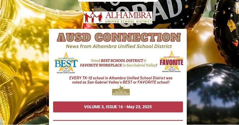The May 23rd issue of 📰 "AUSD Connection" -- the last one of the 2024-2025 school year -- was emailed 📨 to our families and staff members today.  

You can access it at:
🔗 tinyurl.com/AUSDConnection…. 

Enjoy reading about the many exciting things happening around the #AUSD❗