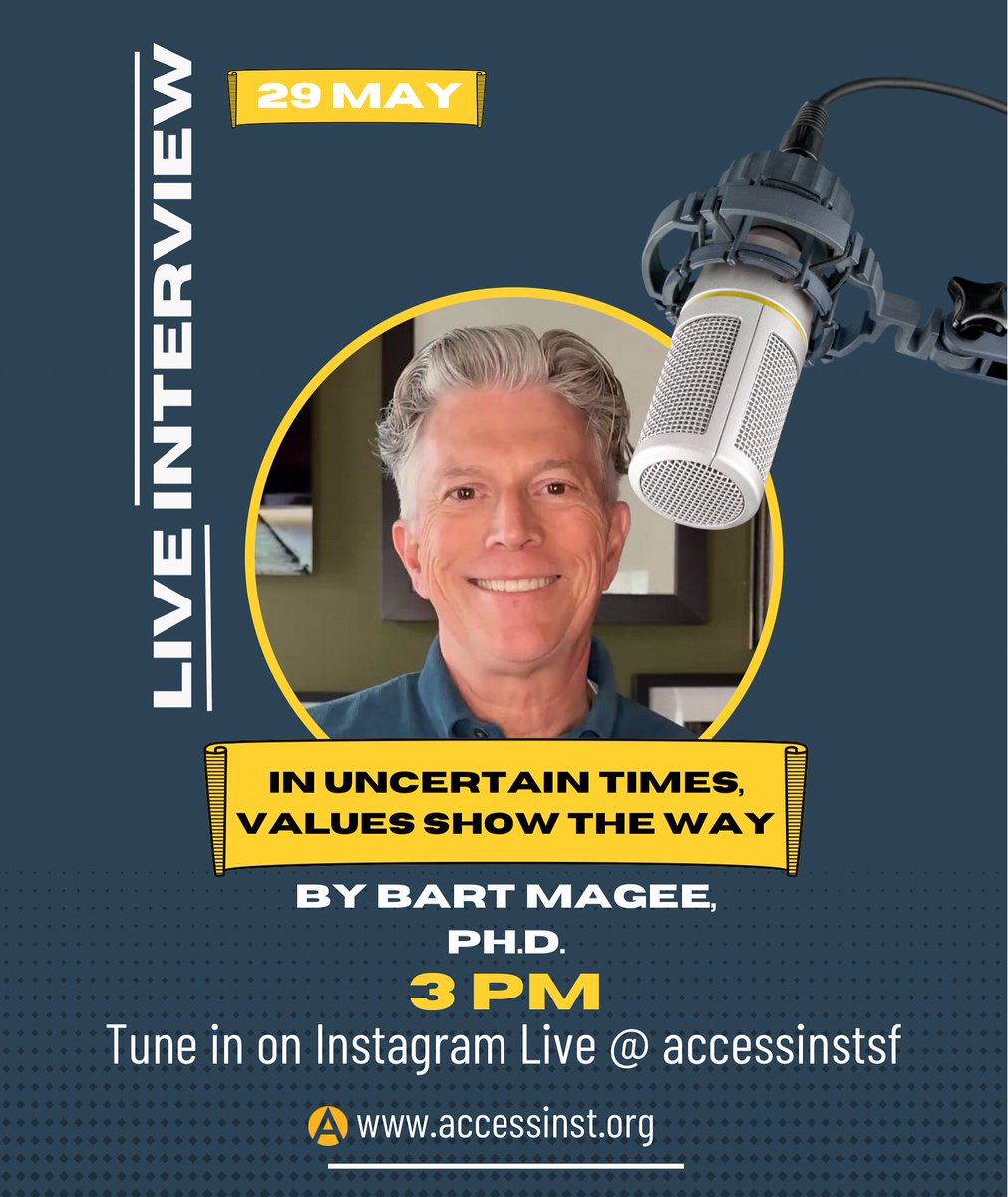 Access Institute (@accessinstsf) on Twitter photo Join us LIVE on May 29 at 3 PM PST as our Exec. Director Dr. Bart Magee sits down with Gregorio Fernandez to unpack his latest blog on how core values like freedom & connection guide us through crisis.
Streaming on IG: <a href="/AccessInstSF/">Access Institute</a>
#MentalHealth #ValuesMatter Join us LIVE on May 29 at 3 PM PST as our Exec. Director Dr. Bart Magee sits down with Gregorio Fernandez to unpack his latest blog on how core values like freedom & connection guide us through crisis.
Streaming on IG: <a href="/AccessInstSF/">Access Institute</a>
#MentalHealth #ValuesMatter