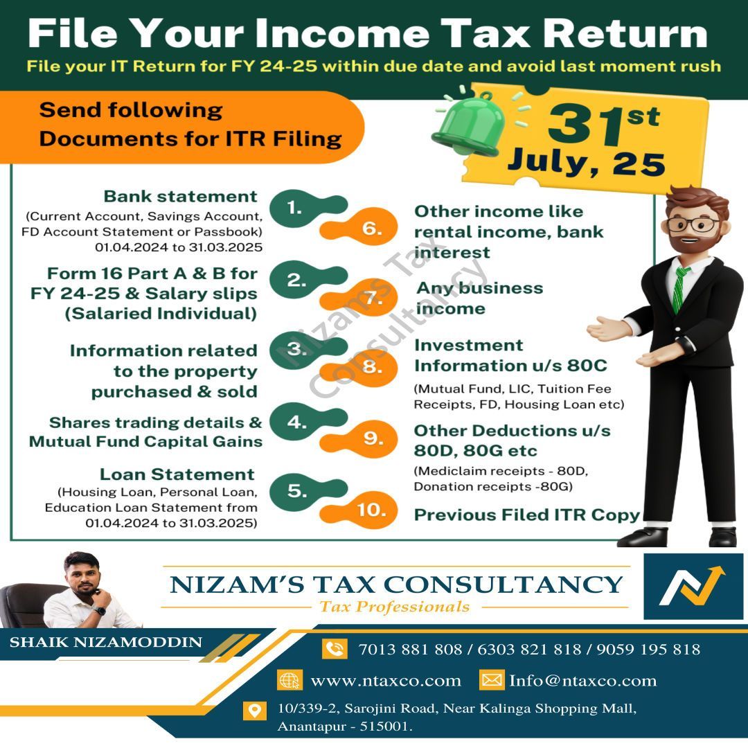 NtaxCo's tweet image. File your Income Tax Return for FY 2024-25 before 31st July 2025 ✅
Documents you’ll need:
✔️ Form 16
✔️ Bank &amp;amp; Loan statements
✔️ Investment &amp;amp; Deduction proof
✔️ Property &amp;amp; trading details
💼 @ntaxco has you covered!

#ITRFiling #TaxDeadline #NTAXCO
