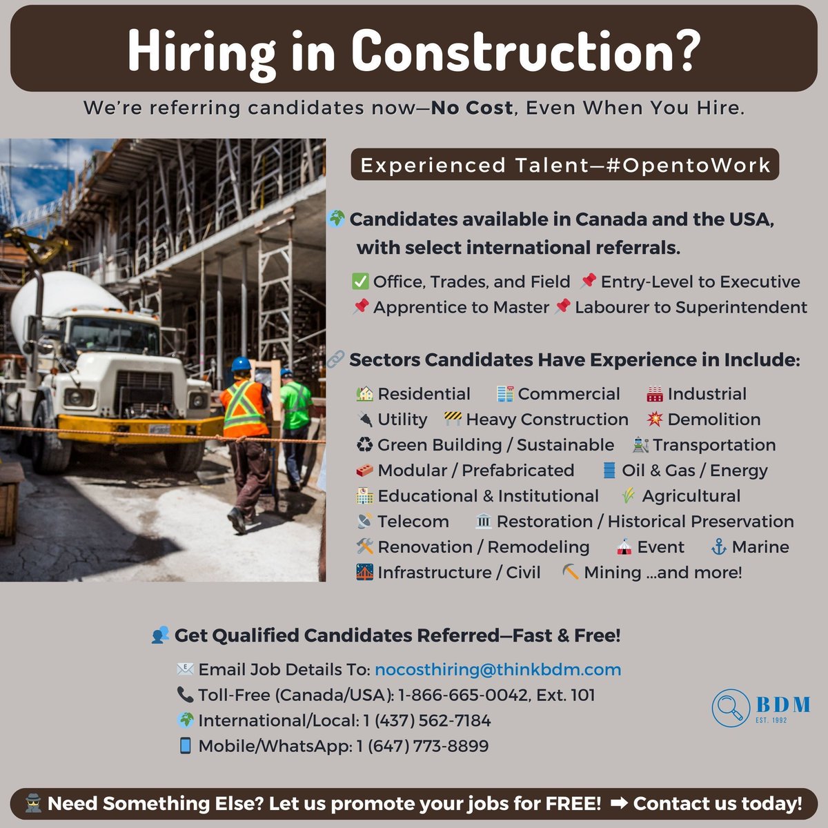 🏗️HIRING in CONSTRUCTION? We’re referring candidates now—NO COST, Even When You Hire.
👥 Get Qualified Candidates Referred—Fast &amp; Free! bdmservicenetwork.com/employers

#ConstructionHiring #ConstructionRecruiting #ConstructionTalent #HireInConstruction #ConstructionIndustry