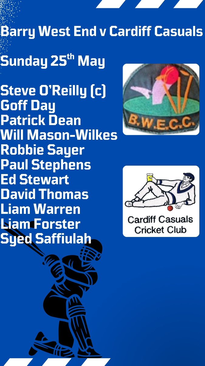 Cardiff Casuals CC (@cardiffcasuals) on Twitter photo Tomorrowโs game against <a href="/BarryWestiesCC/">Barry West End CC</a> follows a glorious midweek victory. Our last Sunday game was also a victory. Long may the streak continue!
1pm start. No tea.
Ground: Barry Athletic Club, Barry, CF62 5QT
#BarryOrBust #BackToBackToBack Tomorrowโs game against <a href="/BarryWestiesCC/">Barry West End CC</a> follows a glorious midweek victory. Our last Sunday game was also a victory. Long may the streak continue!
1pm start. No tea.
Ground: Barry Athletic Club, Barry, CF62 5QT
#BarryOrBust #BackToBackToBack