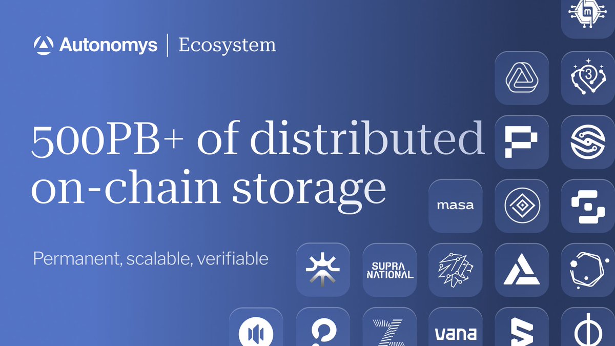 AutonomysNet's tweet image. 👀 Looking for scalable, permanent, content-addressed on-chain storage at an affordable price? Autonomys has 500PB+ (that’s 500 million GB) of SSD space pledged by our distributed network of 1,000+ farmers available for storing and accessing data for deAI training and agentic…