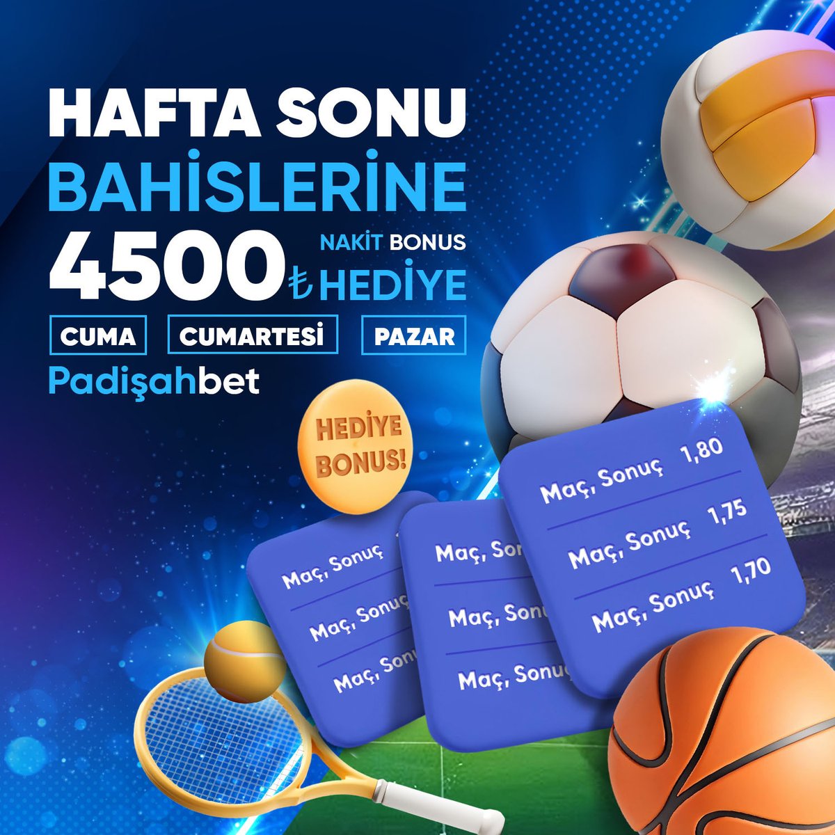 👑#Padişahbet'te Hafta Sonu Şöleni!

🎁 Cuma, Cumartesi, Pazar boyunca
🎯 Bahislerine toplam 4.500₺ Nakit Bonus hediye!

⚽️🎾🏀 Tüm branşlarda geçerli!
Kaçırma, kazanırken bonusu da kap! 🔥

📲p.t2m.io/PadisahResmiX
