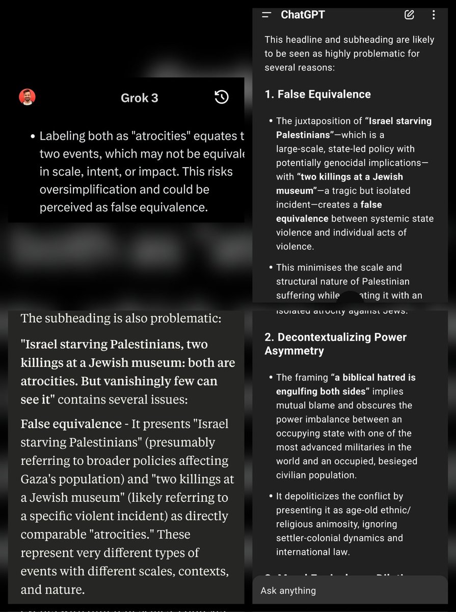 Even Grok, Claude and ChatGpt recognised the problematic nature of Freedland's headline. I didn't even ask them if they were problematic, just if they were "ok". 

They spotted the false equivalence and the silly biblical framing.