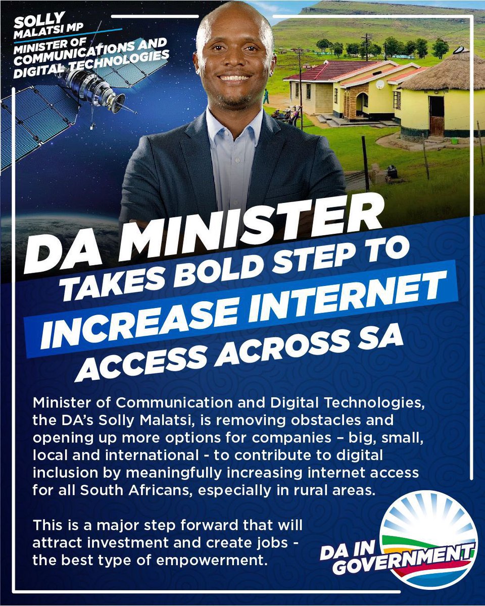 📡Removing obstacles and opening up more options for companies - big, small, local and international - to contribute to digital inclusion by increasing internet access for all, especially in rural areas.

Minister Solly Malatsi’s move will unlock new jobs: ewn.co.za/2025/05/23/com…
