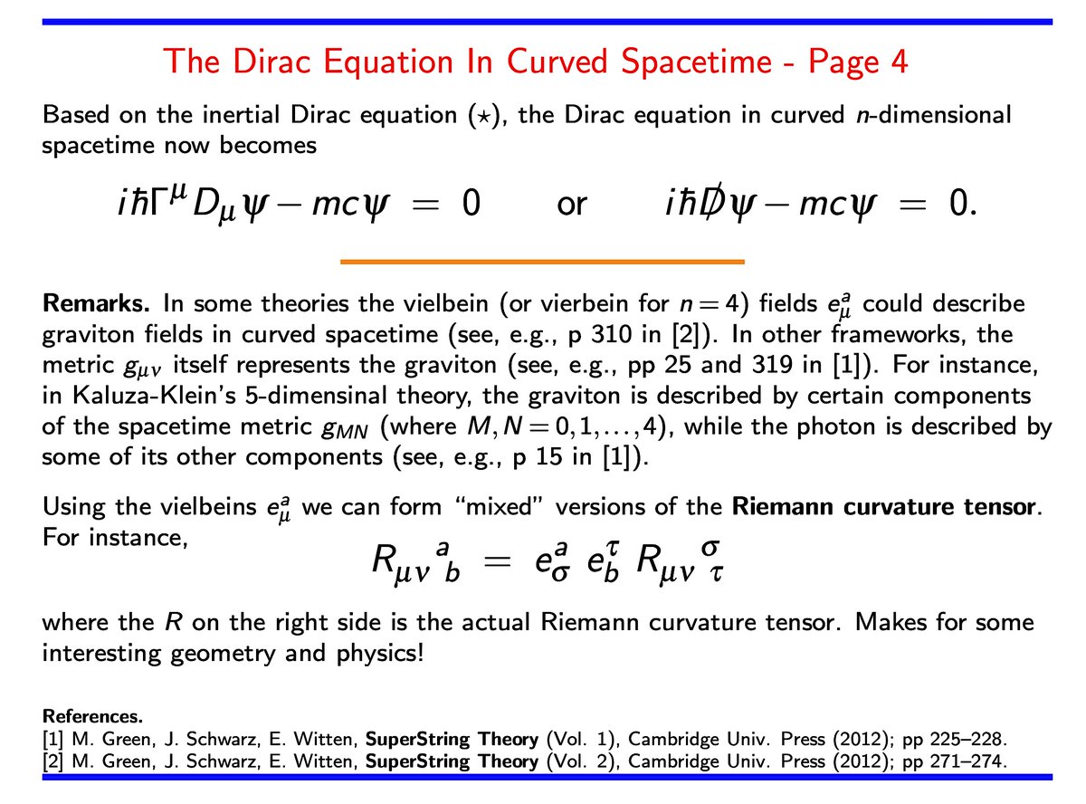 SamuelGWalters's tweet image. Applying #Einstein's Equivalence Principle to each point of #spacetime we get a smooth family of inertial frames (in tangent spaces). Such frames enable us to transport equations from inertial #Minkowski spacetime to curved spacetime. E.g., the #Dirac equation. #physics #math