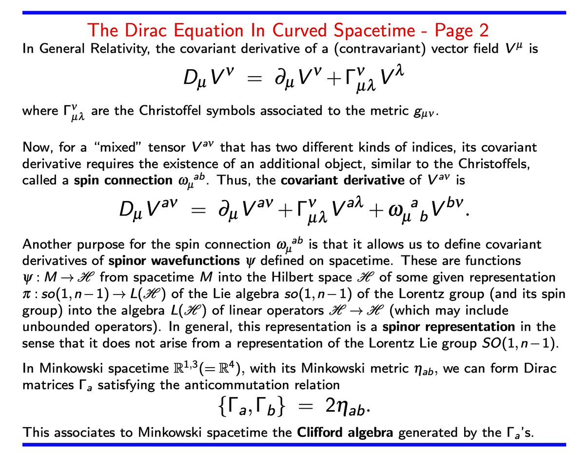 SamuelGWalters's tweet image. Applying #Einstein's Equivalence Principle to each point of #spacetime we get a smooth family of inertial frames (in tangent spaces). Such frames enable us to transport equations from inertial #Minkowski spacetime to curved spacetime. E.g., the #Dirac equation. #physics #math