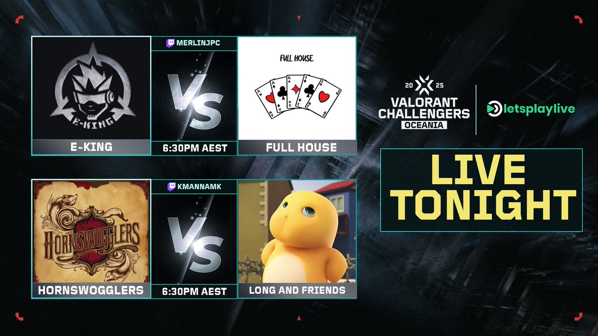 LPL Esports (@letsplaylivegg) on Twitter photo Day 3 of the VCT OCE 2025 Split 1! π
π‘ TONIGHT
π« <a href="/BONKERSOCE/">E-KING</a> vs <a href="/FULLHOUSEVLR/">Full House</a>
πΊ twitch.tv/MerlinJPC
ποΈ <a href="/MerlinJPC/">Merlin</a> <a href="/mu1titudes/">mu1titudes</a>
ποΈ <a href="/picklope/">picklope</a> <a href="/Yuixon053/">Yuixon</a>
Produced by <a href="/tjbruce17594/">TJ Bruce | tjbruce17594</a>
π« <a href="/HornswogglersVL/">Hornswogglers</a> vs <a href="/longandfriends/">LNF</a>
πΊ twitch.tv/kmannamk
ποΈ <a href="/kmannamk/">Kmannamk</a> <a href="/DigzzyKaye/">DigzzyKaye</a> Day 3 of the VCT OCE 2025 Split 1! π
π‘ TONIGHT
π« <a href="/BONKERSOCE/">E-KING</a> vs <a href="/FULLHOUSEVLR/">Full House</a>
πΊ twitch.tv/MerlinJPC
ποΈ <a href="/MerlinJPC/">Merlin</a> <a href="/mu1titudes/">mu1titudes</a>
ποΈ <a href="/picklope/">picklope</a> <a href="/Yuixon053/">Yuixon</a>
Produced by <a href="/tjbruce17594/">TJ Bruce | tjbruce17594</a>
π« <a href="/HornswogglersVL/">Hornswogglers</a> vs <a href="/longandfriends/">LNF</a>
πΊ twitch.tv/kmannamk
ποΈ <a href="/kmannamk/">Kmannamk</a> <a href="/DigzzyKaye/">DigzzyKaye</a>