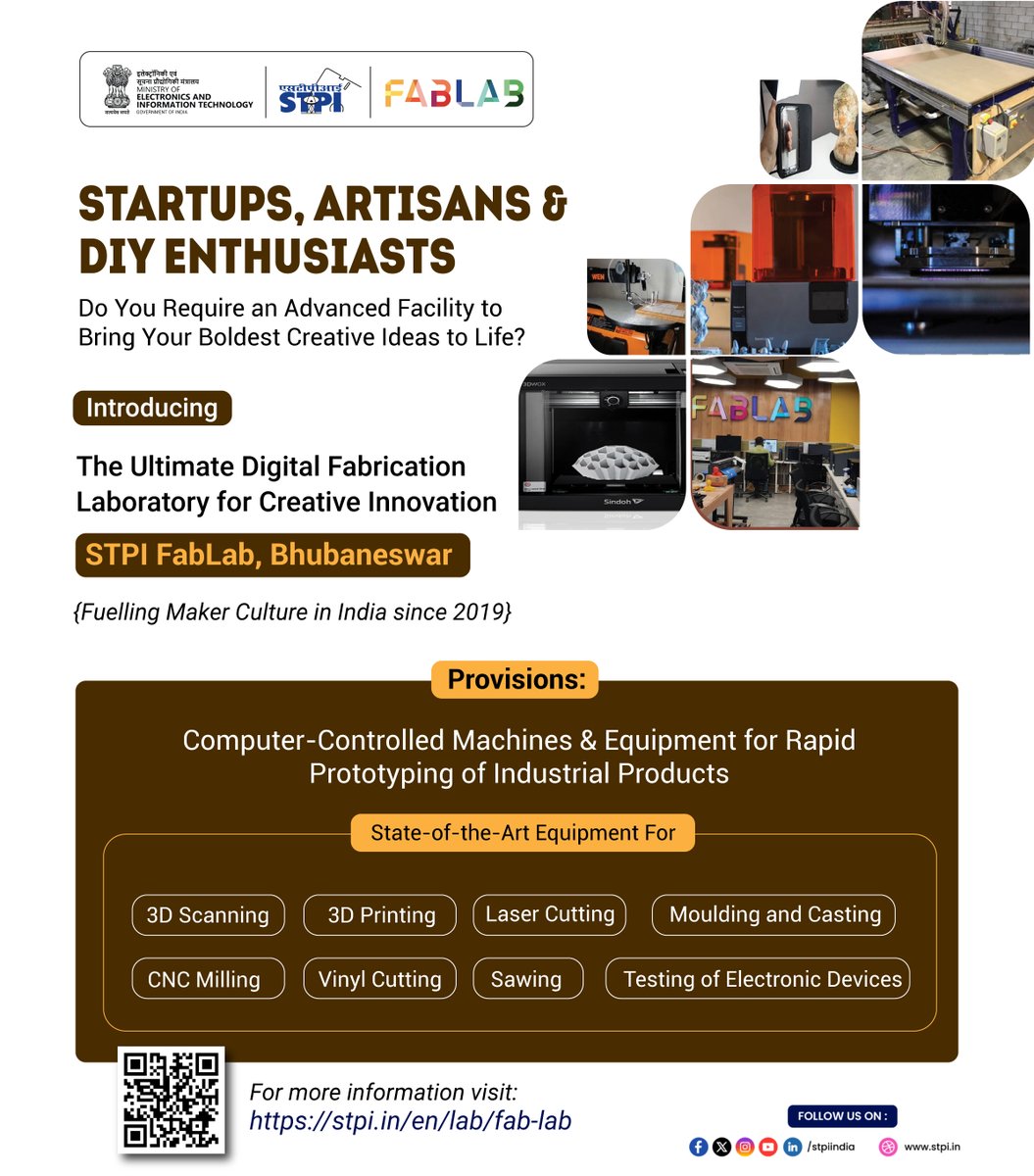 💡STPI FabLab, Bhubaneswar – Fueling Innovation by Startups, Artisans &amp; DIY Enthusiasts for an Aatmanirbhar Bharat 🇮🇳

Have a bold idea that needs the right tools to take shape? Step into the Fabrication Laboratory designed to ✨ fuel Maker Culture in India since 2019. 

STPI