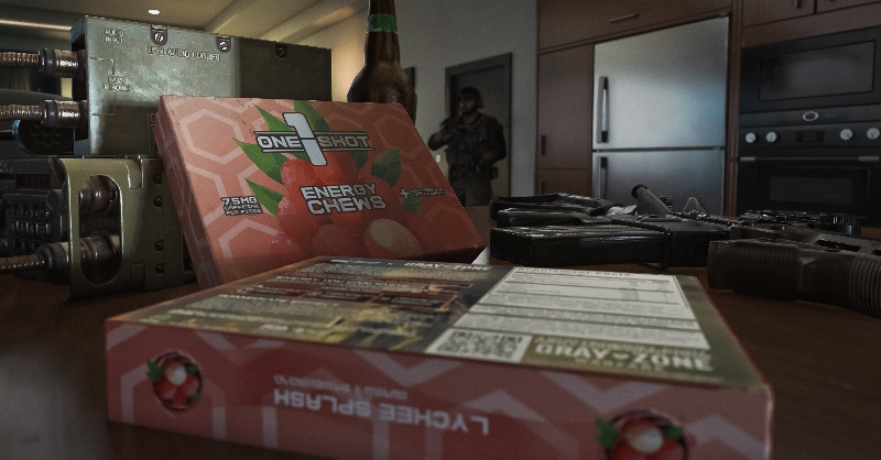 1shotenergy's tweet photo. Faction guards deployed to Lamang have started stashing something new at base...1 Shot® Energy Chews.

Word is, they're swearing by them, and they’ve already filed requests demanding urgent shipments for all active PMCs on the island.