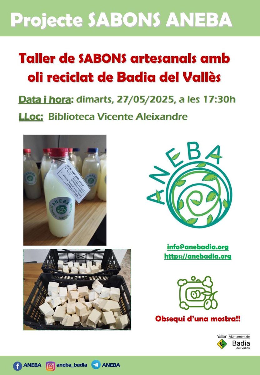 Taller de sabons artesanals a càrrec de l'associació ANEBA
  
📆 Dimarts 27 de maig a les 17:30h

#BibliotecaVicenteAleixandre #BadiaDelValles #BibliotecaBadia #bibliotequesxbm