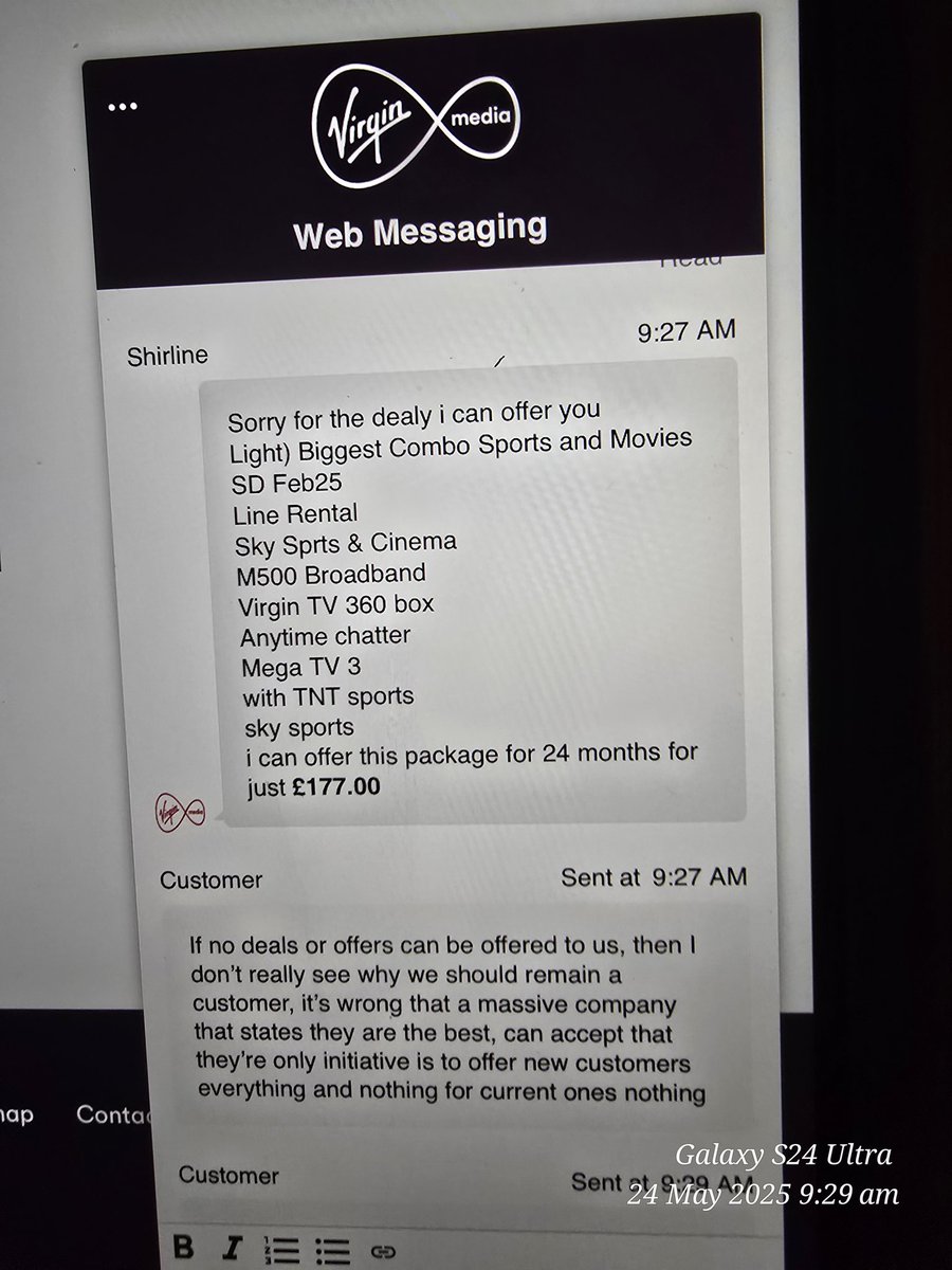 cane2147's tweet photo. @virginmedia so we've made contact today regarding contract coming to an end and get offered a deal that's more expensive with half Internet speed and only 1 tv box https://t.co/gMrNlu2d9m