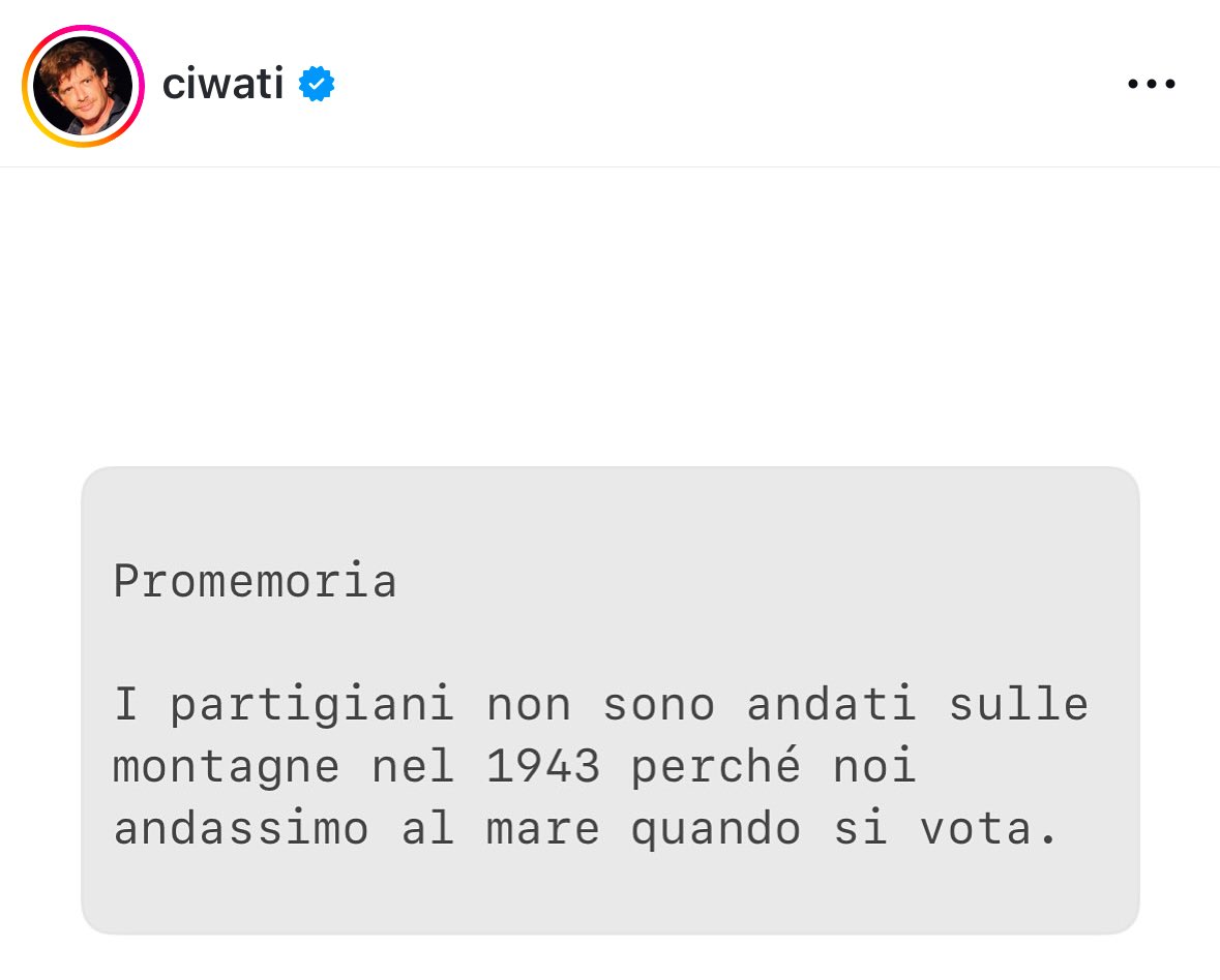 Frankie hi-nrg mc ®️ (@frankiehinrgmc) on Twitter photo Promemoria:
I partigiani non sono andati sulle montagne nel 1943 perché noi andassimo al mare quando si vota.
.
.
Tnx <a href="/civati/">Giuseppe Civati</a> Promemoria:
I partigiani non sono andati sulle montagne nel 1943 perché noi andassimo al mare quando si vota.
.
.
Tnx <a href="/civati/">Giuseppe Civati</a>