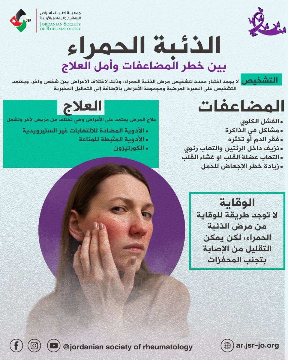 Jordanian Society of Rheumatology - JSR (@jsrheumatology) on Twitter photo مرض الذئبة الحمراء مرض مناعي ذاتي مزمن يرتبط حدوثه بالعديد من المضاعفات المحتملة.
لتعرف المزيد عنها وعن طرق التشخيص وإمكانية الوقاية، تابع الرابط التالي:
tinyurl.com/mrmc8c9n
#مرضى_الروماتيزم #الروماتيزم #جمعية_أطباء_الروماتيزم_الأردنية
#الذئبة_الحمراء #أمراض_المناعة_الذاتية مرض الذئبة الحمراء مرض مناعي ذاتي مزمن يرتبط حدوثه بالعديد من المضاعفات المحتملة.
لتعرف المزيد عنها وعن طرق التشخيص وإمكانية الوقاية، تابع الرابط التالي:
tinyurl.com/mrmc8c9n
#مرضى_الروماتيزم #الروماتيزم #جمعية_أطباء_الروماتيزم_الأردنية
#الذئبة_الحمراء #أمراض_المناعة_الذاتية