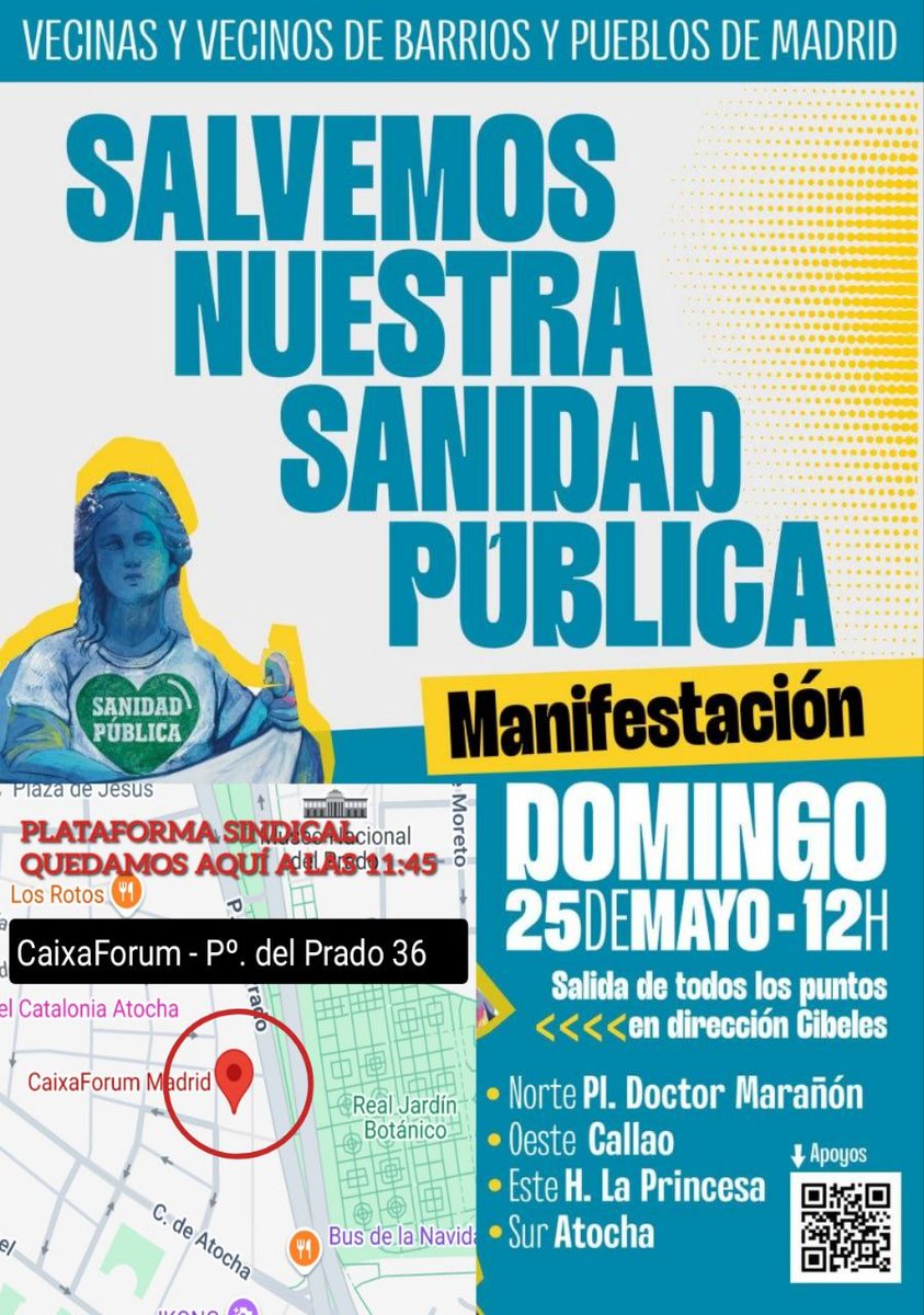 ℙ𝕃𝔸𝕋𝔸𝔽𝕆ℝ𝕄𝔸 𝕊𝕀ℕ𝔻𝕀ℂ𝔸𝕃 𝕀ℕ𝔽𝕆ℝ𝕄𝔸

📌 QUEDAMOS A LAS 11:45H EN LA EXPLANADA DEL CAIXAFORUM (Pº DEL PRADO 36) PARA UNIRNOS A LA MANIFESTACIÓN CON LA COLUMNA SUR HASTA CIBELES

#SalvemosNuestraSanidad
🚩 𝐏𝐥𝐚𝐭𝐚𝐟𝐨𝐫𝐦𝐚 𝐒𝐢𝐧𝐝𝐢𝐜𝐚𝐥