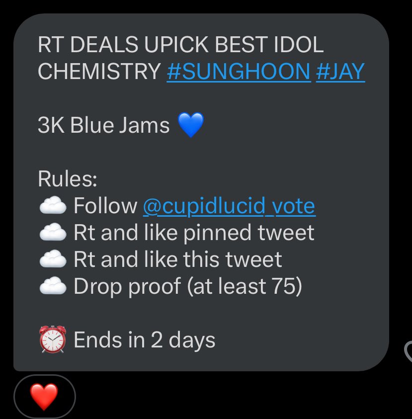 SUNGHOON VOTING TEAM (IA - slow replies) (@sunghoonteam) on Twitter photo RT DEALS UPICK BEST IDOL CHEMISTRY #SUNGHOON #JAY
3K Blue Jams ๐
Rules:
โ๏ธ Follow <a href="/cupidlucid_vote/">lucid sell vote</a>
โ๏ธ Rt and like pinned tweet
โ๏ธ Rt and like this tweet
โ๏ธ Drop proof (at least 75)
โฐ๏ธ Ends in 2 days RT DEALS UPICK BEST IDOL CHEMISTRY #SUNGHOON #JAY
3K Blue Jams ๐
Rules:
โ๏ธ Follow <a href="/cupidlucid_vote/">lucid sell vote</a>
โ๏ธ Rt and like pinned tweet
โ๏ธ Rt and like this tweet
โ๏ธ Drop proof (at least 75)
โฐ๏ธ Ends in 2 days