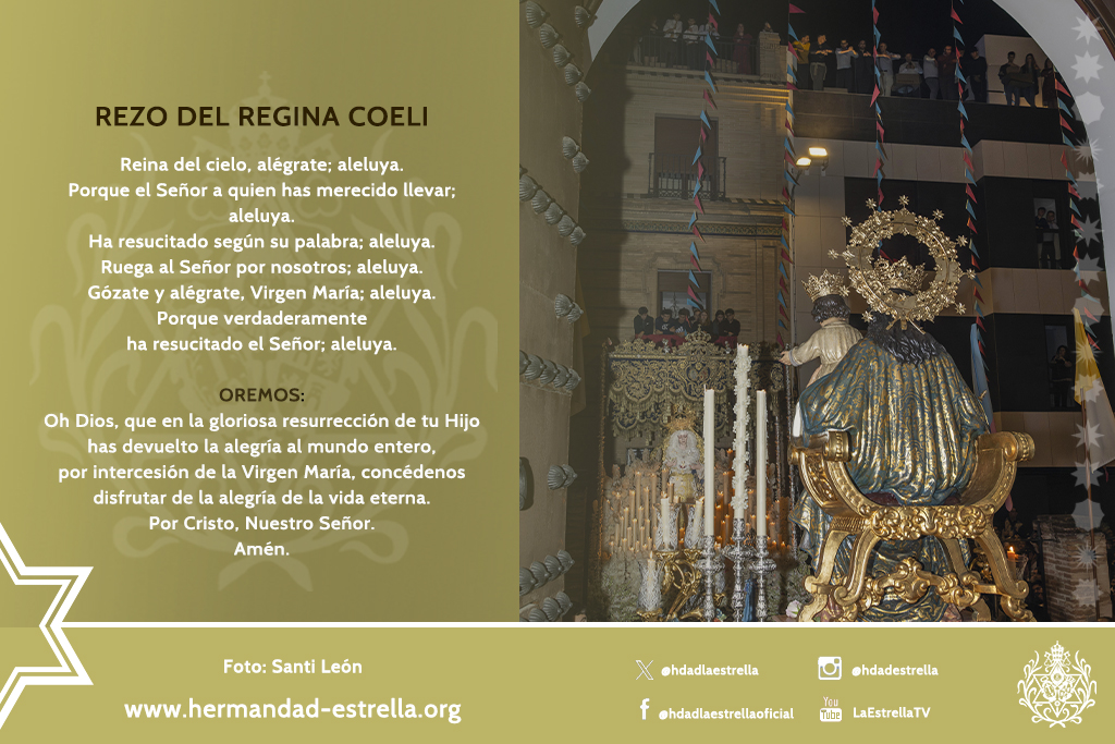 Hoy, #24mayo, día de #MaríaAuxiliadora, ofrecemos el rezo del #ReginaCoeli por todos los que han aprendido a rezar 'rendidos a sus plantas', devotos y miembros de la comunidad salesiana, especialmente por la querida <a href="/AuxiTriana/">Auxiliadora de Triana</a> y <a href="/salesianotriana/">Salesianos Triana</a>. 

Reina del cielo, alégrate.