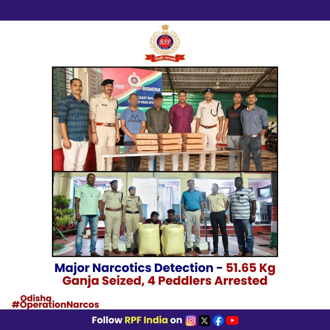 RPF_INDIA's tweet image. In a joint operation, #RPF &amp;amp; #Excise Dept arrested 4 smugglers and seized 51.65 kg of Ganja at #Khurda Road &amp;amp; #Bhubaneswar stations.
Case registered by Excise Dept under NDPS Act.
#OperationNarcos @rpfecor1 @RailMinIndia
