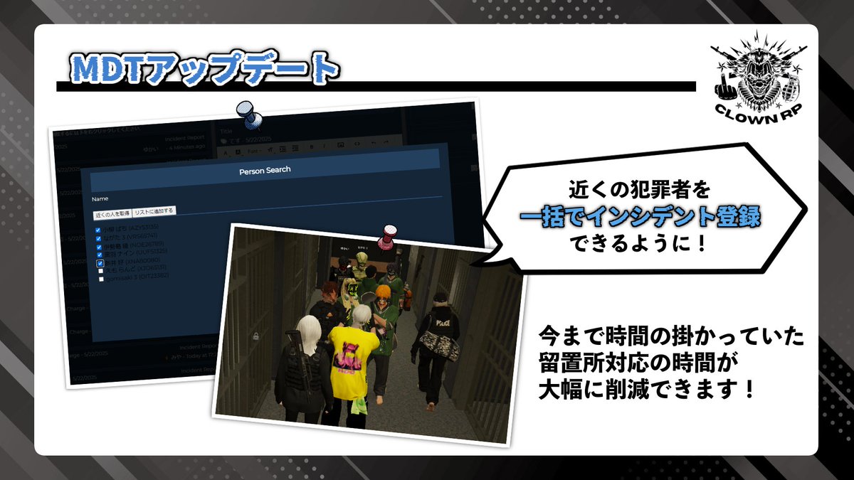 #ClownRP アップデート情報🆕

【👮MDTがインシデント一括登録できるように！】

◇今までは留置所対応で一人一人の名前を聞いて検索して登録する必要がありました。
犯罪者が10人以上もいたら凄く大変で時間も掛かる...

今回のアップデートで近くにいる犯罪者を一括で登録可能になりました✨

#FiveM