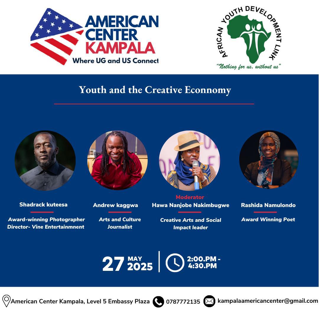 📢 Calling all creatives!
🎨 Join us for a dynamic panel on youth &amp; the creative economy! 
💡 Explore opportunities, solutions &amp; networks to thrive in the creative industry.

📆 : 27th May 2025
⏰: 2:00pm
📍: The American Center Kampala 

🔗 Register now: forms.gle/kTHYwow6c8bqqt…