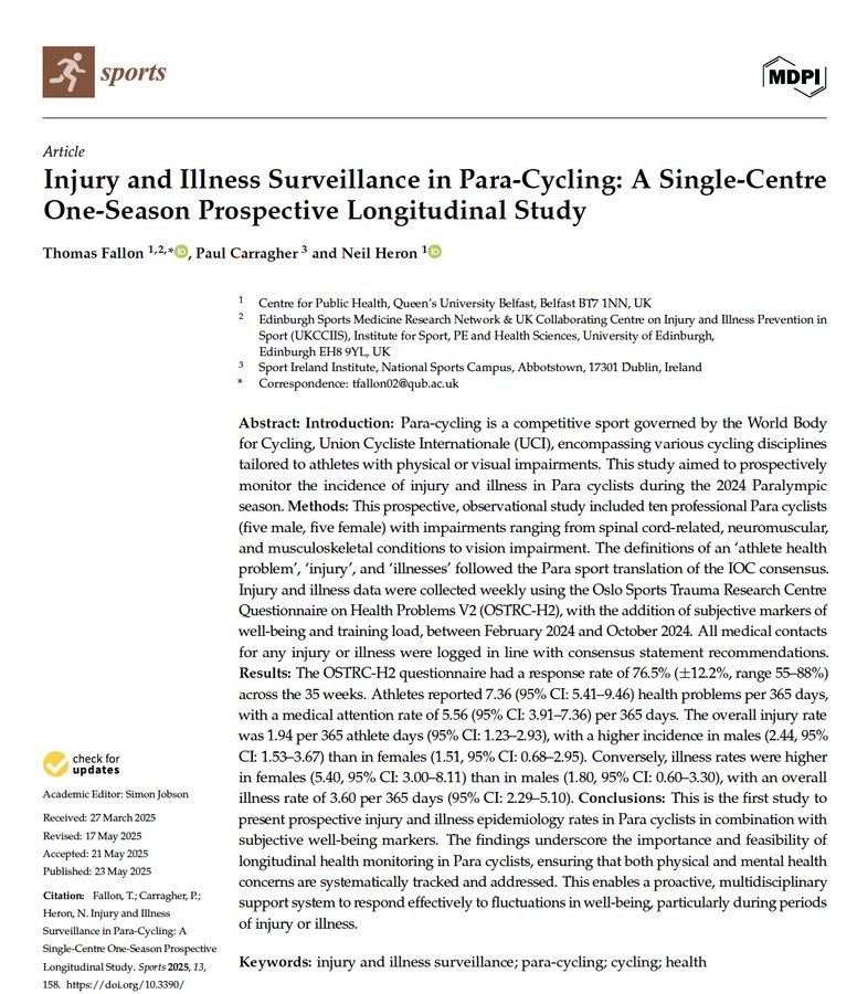 paul carragher (@carragher_paul) on Twitter photo 🚴♂️📊 New research alert!
Our latest paper explores injury & illness incidence in Para Cycling in the lead-up to the Paris Paralympics — vital insights to support athlete health and performance.
Great work in the applied setting from <a href="/TFallon_Physio/">Thomas Fallon</a>
🔗 mdpi.com/2075-4663/13/6… 🚴♂️📊 New research alert!
Our latest paper explores injury & illness incidence in Para Cycling in the lead-up to the Paris Paralympics — vital insights to support athlete health and performance.
Great work in the applied setting from <a href="/TFallon_Physio/">Thomas Fallon</a>
🔗 mdpi.com/2075-4663/13/6…
