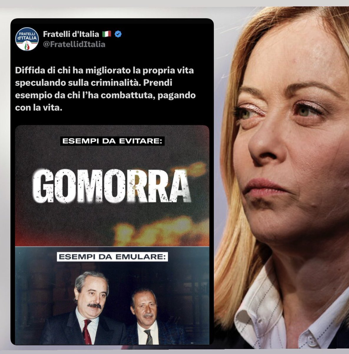 Ieri Fratelli d’Italia ha pubblicato questo post infame. Hanno approfittato dell’anniversario dell’assassinio di Falcone per fare squallida propaganda contro un giornalista che odiano, solo perché non china la testa. La #Meloni e’ la leader di questo partito e la Presidente del