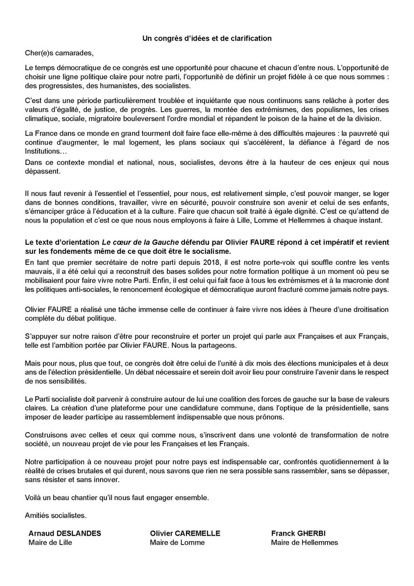 Arnaud Deslandes (@ardeslandes) on Twitter photo 🌹Maires de Lille Lomme Hellemmes nous appelons à soutenir <a href="/faureolivier/">Olivier Faure</a> et le <a href="/coeurdelagauche/">Le Coeur de la gauche !</a> pour le congrès du <a href="/partisocialiste/">Parti socialiste</a>. Nous réaffirmons nos valeurs humanistes et de progrès avec le rassemblement de la gauche sociale et écologique. Nous voulons un congrès d’unité. 🌹Maires de Lille Lomme Hellemmes nous appelons à soutenir <a href="/faureolivier/">Olivier Faure</a> et le <a href="/coeurdelagauche/">Le Coeur de la gauche !</a> pour le congrès du <a href="/partisocialiste/">Parti socialiste</a>. Nous réaffirmons nos valeurs humanistes et de progrès avec le rassemblement de la gauche sociale et écologique. Nous voulons un congrès d’unité.