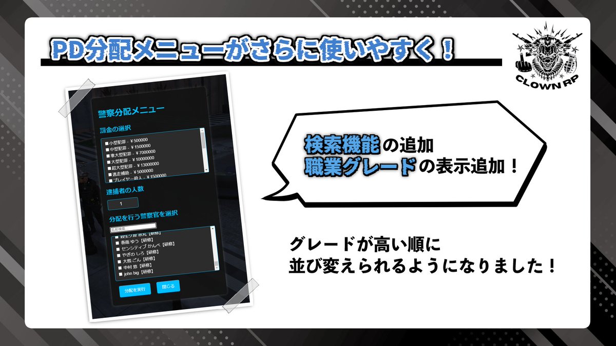 #ClownRP アップデート情報🆕

【👮PD分配システムに検索機能を追加！】

◇PDの分配システムに役職の表示と検索機能を追加！
役職が高い方が順番に表示されたり、
名前検索機能が付いているので
さらに便利になりました！✨

#FiveM