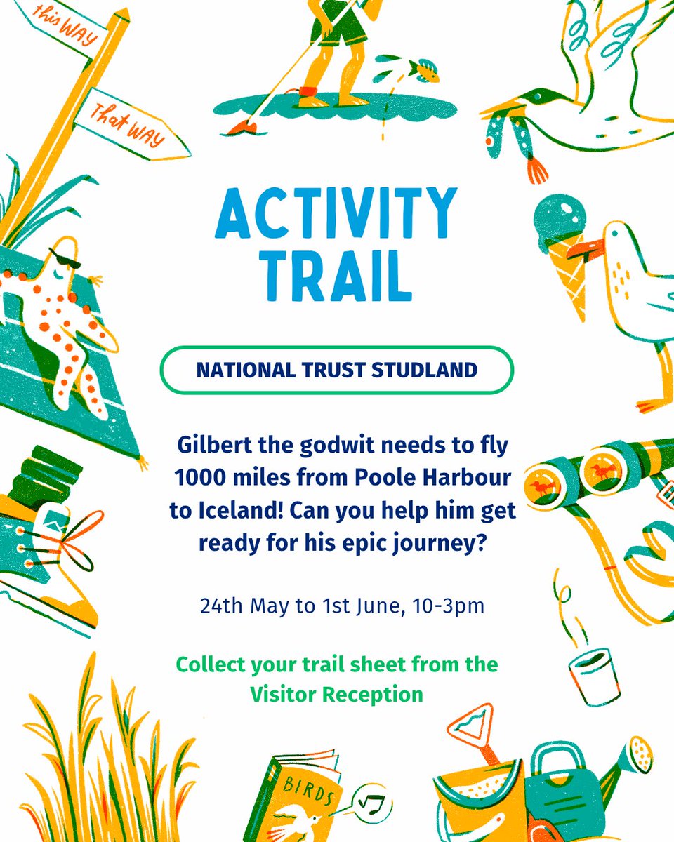 This May half-term our Gilbert the godwit activity trail is coming to National Trust Studland!

From today you can pick up your free trail sheet and have fun as you help Gilbert on his migration. Don't forget to collect a sticker at the end 😄☀️