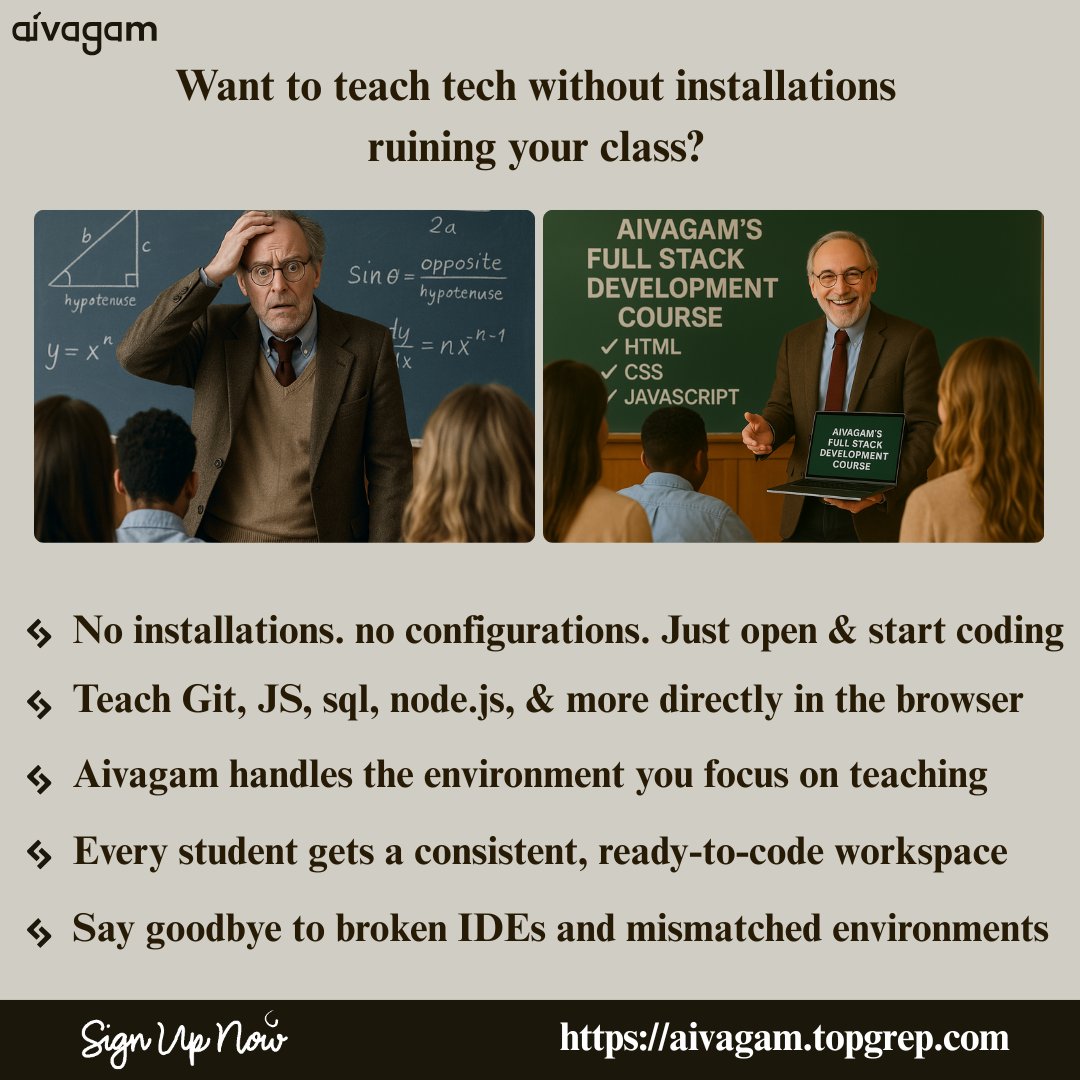 TopGrep's tweet image. Want to teach tech without installations ruining your class? Say goodbye to broken setups and hello to the browser. Aivagam handles everything. Just open and code
👉 Start now: aivagam.topgrep.com 🌐
#NoSetup #TeachTechEasily #EdTechSimplified