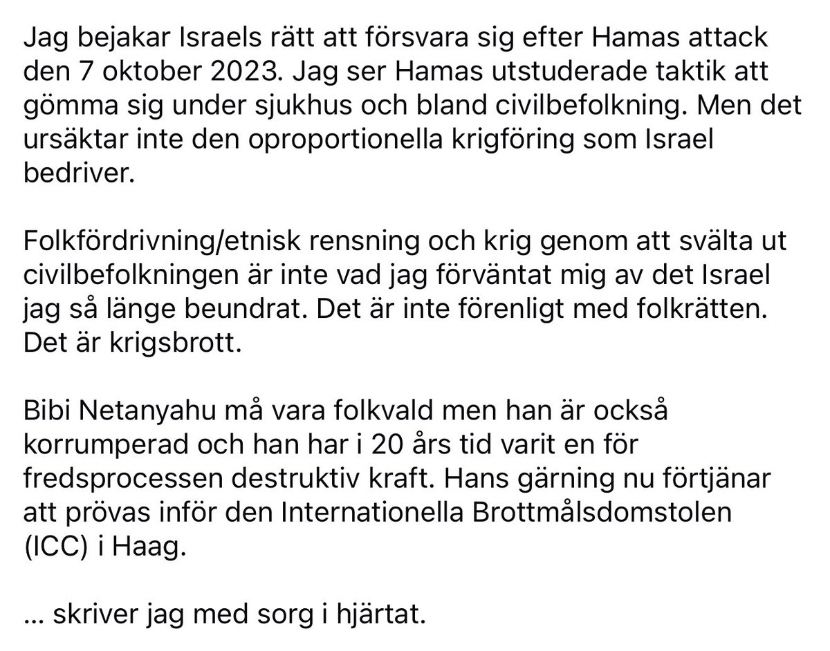Väldigt viktig röst. Det är hög tid att också andra av Israels traditionella försvarare vaknar upp och inser att det vi nu ser inte är normalt eller acceptabelt. Det pågår ett folkmord och vi kan alla se det. Israels regering måste ställas inför krigsförbrytartribunal.