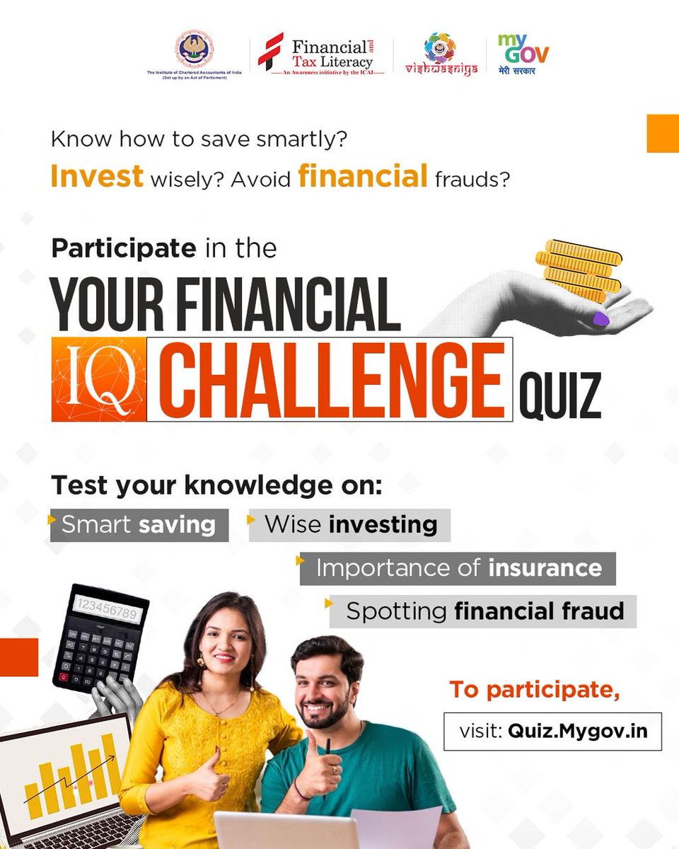 MyGovIndia (@mygovindia) on Twitter photo Savings, investments, budgeting — how financially smart are you?
Take the Your Financial IQ Challenge Quiz and find out!
Test your knowledge ➡️: quiz.mygov.in/quiz/your-fina…
#FinancialAwareness
#MyGov
<a href="/theicai/">Institute of Chartered Accountants of India - ICAI</a> Savings, investments, budgeting — how financially smart are you?
Take the Your Financial IQ Challenge Quiz and find out!
Test your knowledge ➡️: quiz.mygov.in/quiz/your-fina…
#FinancialAwareness
#MyGov
<a href="/theicai/">Institute of Chartered Accountants of India - ICAI</a>