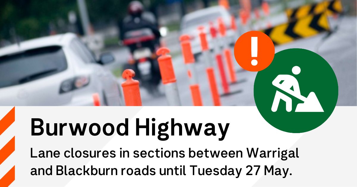 VicTraffic (@victraffic) on Twitter photo Multiple lanes are closed on the Burwood Highway, Burwood between <a href="/Deakin/">Deakin University</a> and Elgar Road until Tuesday 27 May, for <a href="/suburbanloop/">Suburban Rail Loop</a> and <a href="/yarratrams/">Yarra Trams</a> renewal works. Delays up to 10 minutes are expected for traffic, and buses replace Route 75 trams in the area. #victraffic Multiple lanes are closed on the Burwood Highway, Burwood between <a href="/Deakin/">Deakin University</a> and Elgar Road until Tuesday 27 May, for <a href="/suburbanloop/">Suburban Rail Loop</a> and <a href="/yarratrams/">Yarra Trams</a> renewal works. Delays up to 10 minutes are expected for traffic, and buses replace Route 75 trams in the area. #victraffic