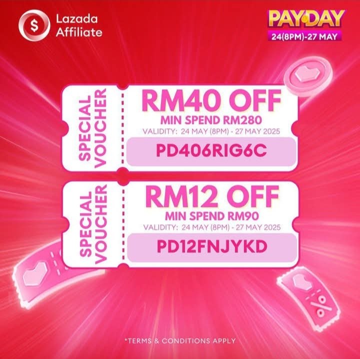 cityangel78's tweet image. 🎉LAZADA PAYDAY VOUCHER DROP🎉
Help you save more‼️
💸 RM40 off with min spend RM280!
🔖 Code: PD406RIG6C
💸 RM12 off with min spend RM90!
🔖 Code: PD12FNJYKD
📅 24 May (8PM) - 27 May 2025

Get your best deals here.👇👇
s.lazada.com.my/s.qtZqH?cc. 🛍🛒💰👍

🔥 #CheckOutNow #LazadaMY