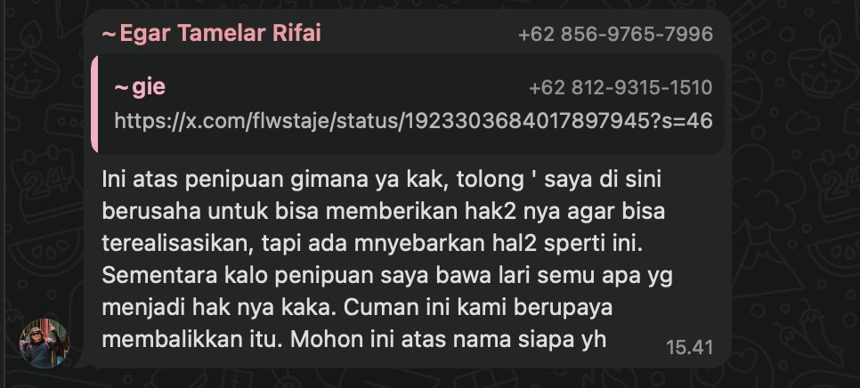 Update kasus penipuan waisak 2025
Postingan sebelumnya x.com/flwstaje/statu…

Dapet chat lagi tanggal 17 mei kemarin, katanya mau tanggung jawab disuruh chat dia personal buat rekap data yg mau direfund, terus salah satu peserta ngirim link postingannya tapi responnya begini.
