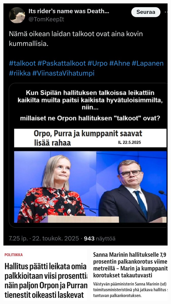 Nämä vasemman laidan kainalopierut ovat aina kovin koomisia.

Saint Sannan kaudella populistipäästäiset olivat kuuliaisina käskyläisinä hipihiljaa, tajuamatta talipalleroakaan siitä mitä yhteiskunnassa tapahtuu. Tällä kaudella sama, mutta äänekkäästi.

Terkkuja blokkipiiloon 😂