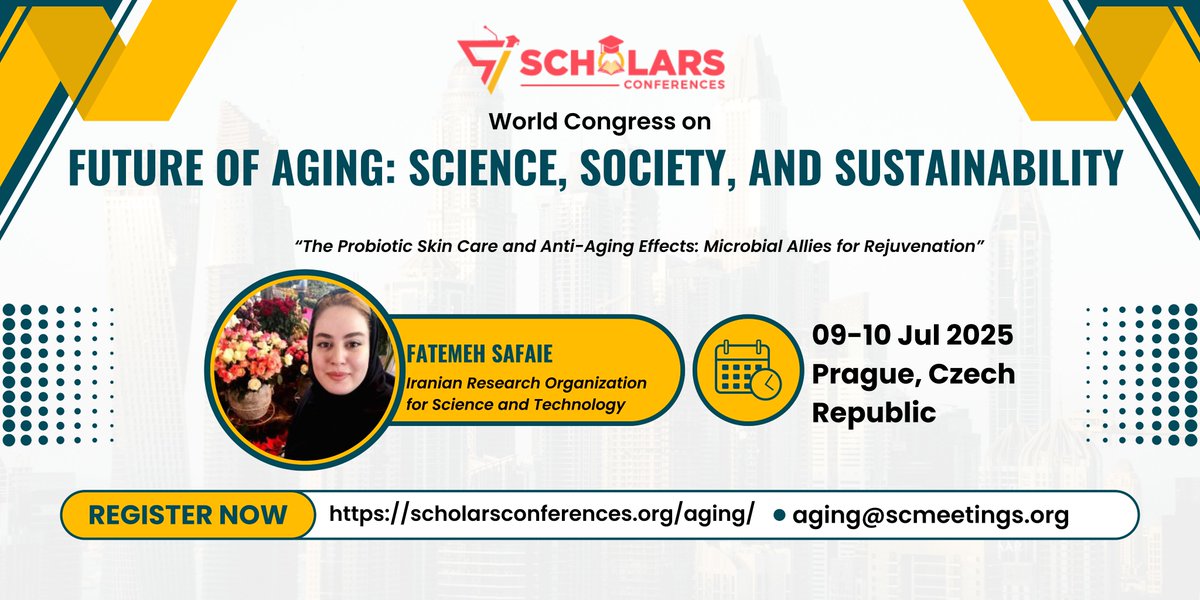 Aging Conference (@aging2025) on Twitter photo 🌍 Excited to Announce! 🌿
Join us for the WCFA 2025!!
We’re thrilled to welcome Fatemeh Safaie from the Iranian Research Organization for Science and Technology.
Topic: “The Probiotic Skin Care and Anti-Aging Effects: Microbial Allies for Rejuvenation”
<a href="/ScholarsConfer1/">Scholars Conferences</a> 🌍 Excited to Announce! 🌿
Join us for the WCFA 2025!!
We’re thrilled to welcome Fatemeh Safaie from the Iranian Research Organization for Science and Technology.
Topic: “The Probiotic Skin Care and Anti-Aging Effects: Microbial Allies for Rejuvenation”
<a href="/ScholarsConfer1/">Scholars Conferences</a>