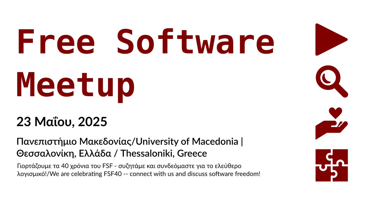 fsf's tweet image. More than twenty #LibreLocal #meetups were  scheduled for May, including one in #Thessaloniki, #Greece! fsf.org/events/communi… #FreeSoftware #FSF40